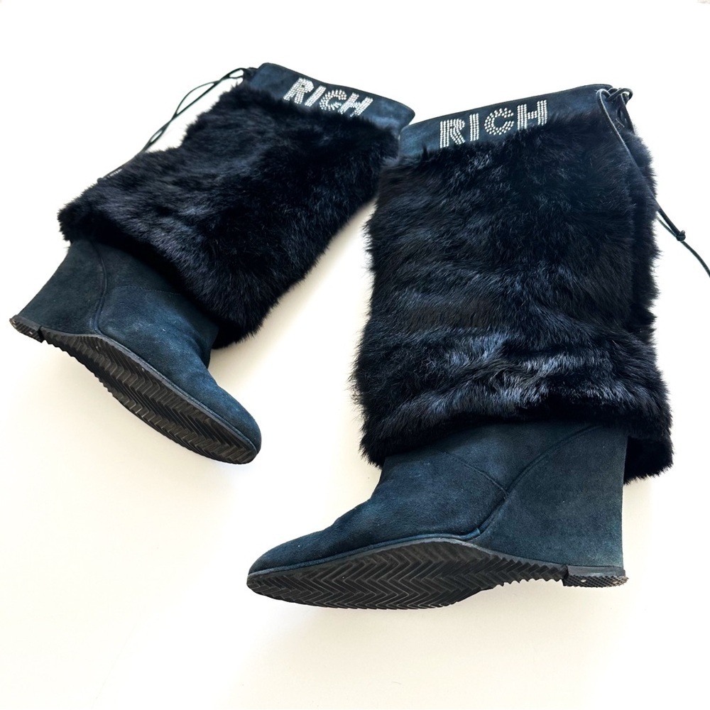 John Richmond Blue Suede Fur Wedge Boots with RICH Embellishments 39 - Picture 2 of 12